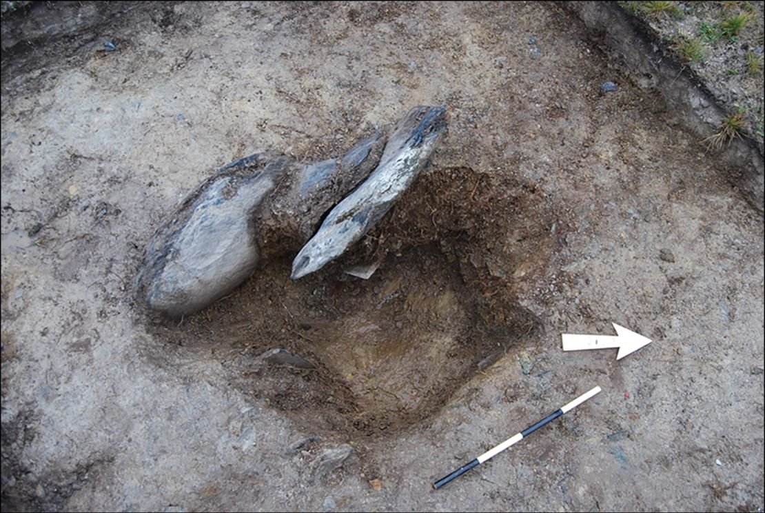 This stone hole was uncovered at Waun Mawn, with the stone packing used to secure the missing monolith still present.