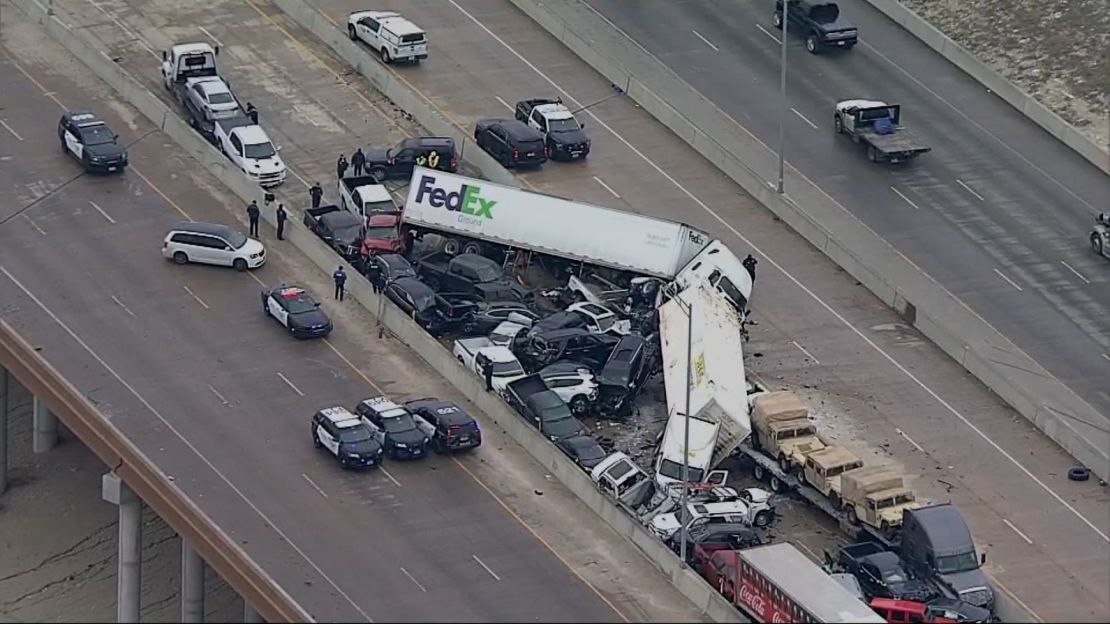 Numerous vehicles were piled up on this section of the highway alone in Fort Worth.