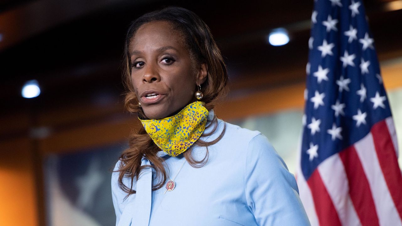 Delegate Stacey Plaskett, Democrat of the US Virgin Islands, speaks about the 101st anniversary of the House passage of the 19th Amendment giving women the right to vote, as well as current voting issues, during a press conference on Capitol Hill in Washington, DC, May 21, 2020.
