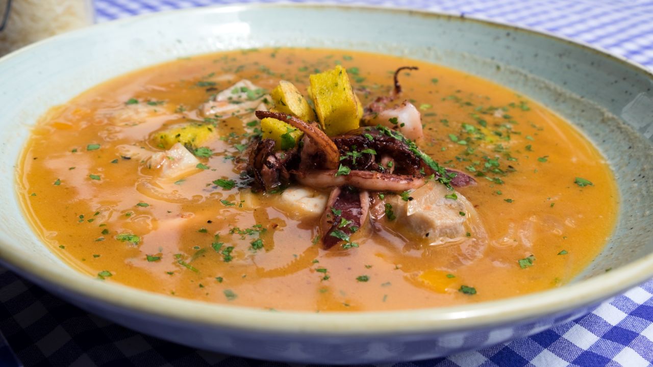Fish brodetto, the Italian version of France's bouillabaisse, features a brothy mix of seafood.