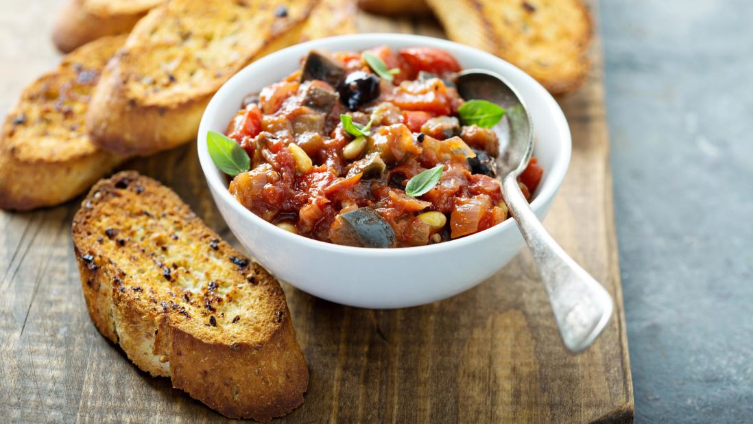 <strong>Caponata:</strong> A sweet-sour blend of vegetables dressed in a sauce of tomato extract, onions, celery, capers and olives.