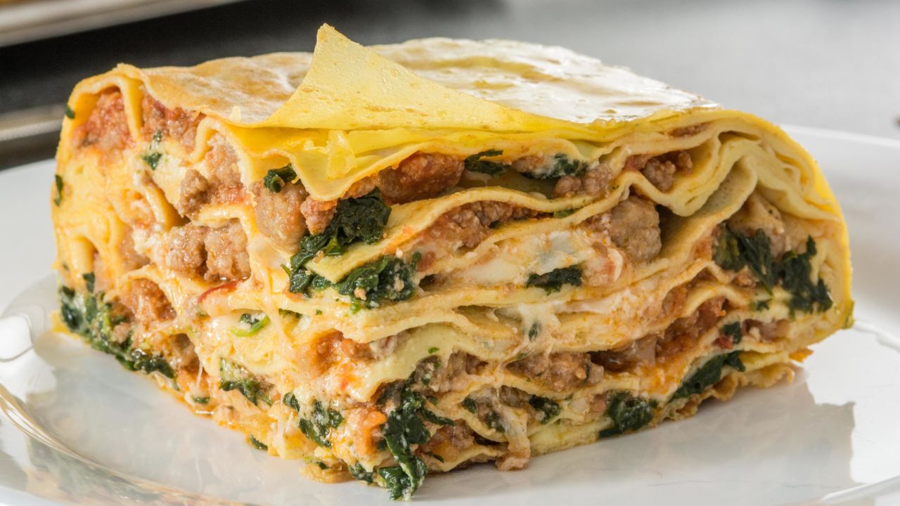Timballo teramano di scrippelle, timbale of pasta with meatballs, spinach and mozzarella