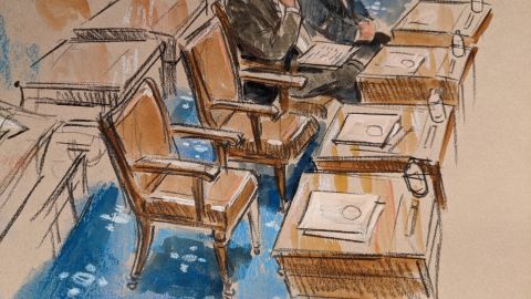 Empty desks in the Senate chamber during day three of the impeachment trial, February 11, 2021.