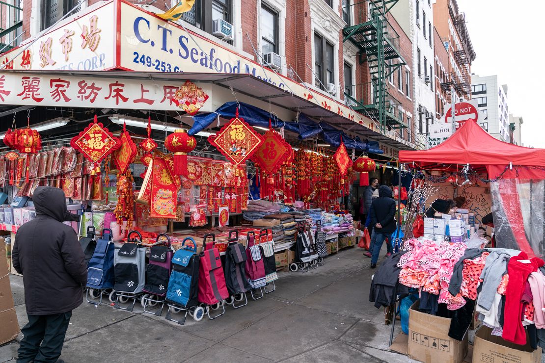 Chinatown street with few people and sellers on February 10, 2021 just two days before the Lunar New Year celebration.