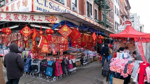 Chinatown street with few people and sellers on February 10, 2021 just two days before the Lunar New Year celebration.