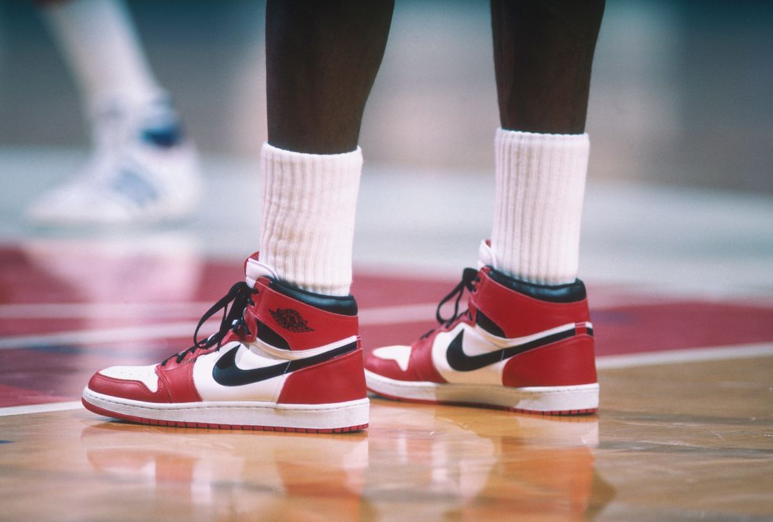 The original Nike "Air Jordan" shoes worn by Chicago Bulls star Michael Jordan, circa 1985.
