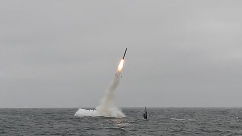 A Tomahawk missile is launched from a US Navy submarine during a 2018 test. The USS Ohio-class guided-missile submarines can carry 154 of the Tomahawks.