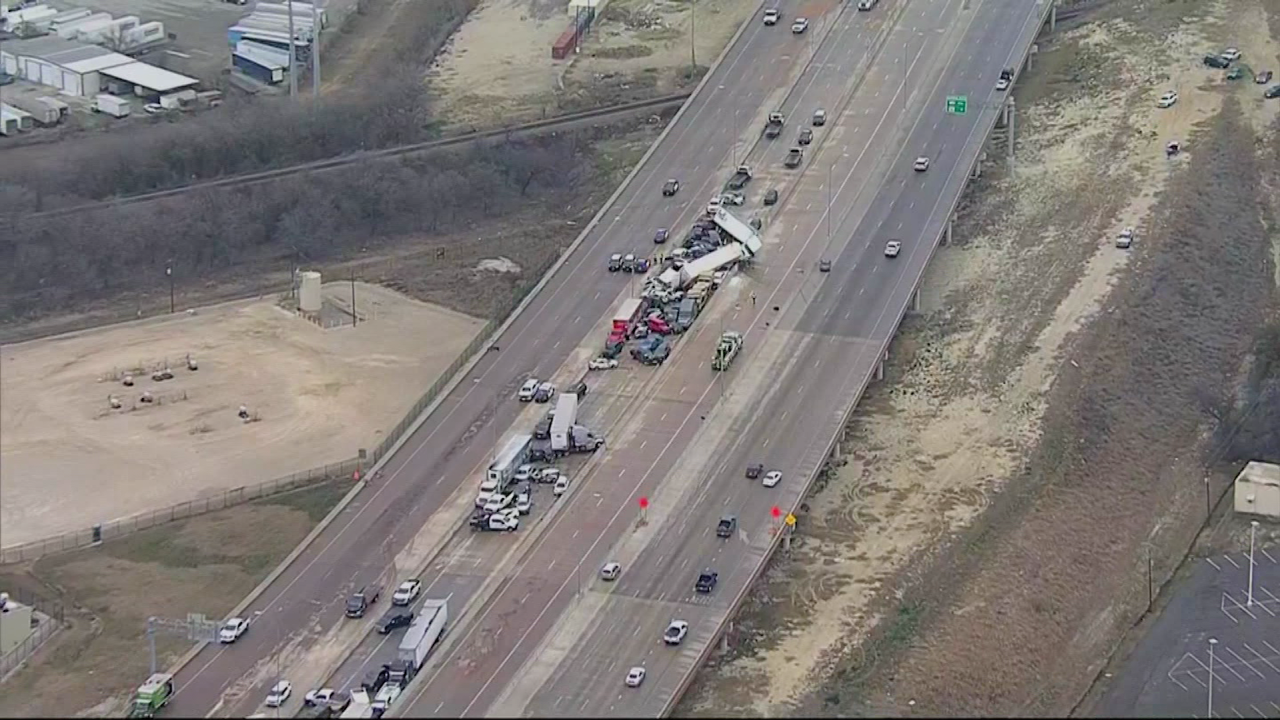 An aerial shot shows the pileup on Interstate 35 West in Fort Worth on Thursday.