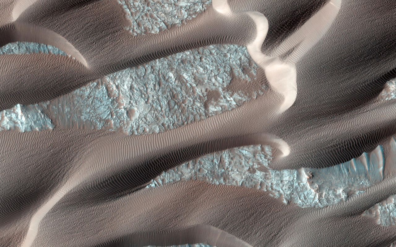Nili Patera is a region on Mars in which dunes and ripples are moving rapidly. HiRISE, onboard the Mars Reconnaissance Orbiter, continues to monitor this area every couple of months to see changes over seasonal and annual time scales.