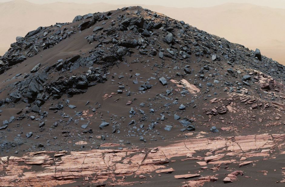 This dark mound, called Ireson Hill, is on the Murray formation on lower Mount Sharp, near a location where NASA's Curiosity rover examined a linear sand dune in February 2017.
