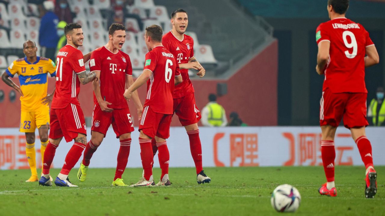 Defender Pavard (third left) celebrates his goal during the Club World Cup final.