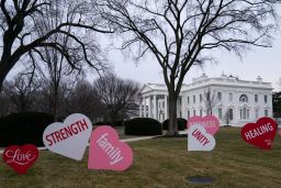 Decorations sit on the North Lawn of the White House, Friday, Feb. 12, 2021, in Washington. 