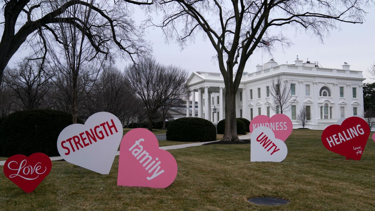 Decorations sit on the North Lawn of the White House, Friday, Feb. 12, 2021, in Washington.