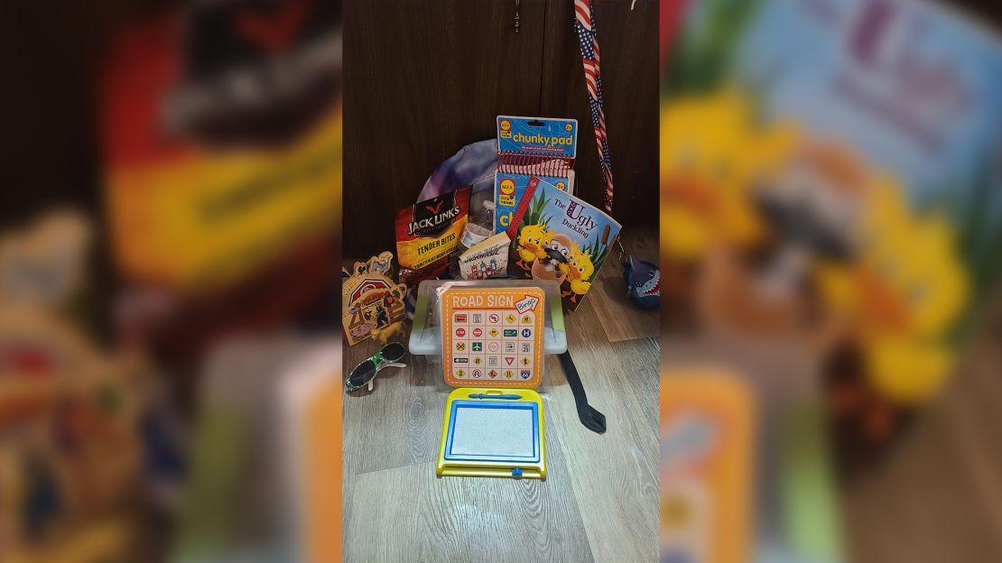 Vincent took her son to a dollar store to pick out items, including a magnetic doodle board and a road sign bingo game, to ease his boredom during her deliveries.