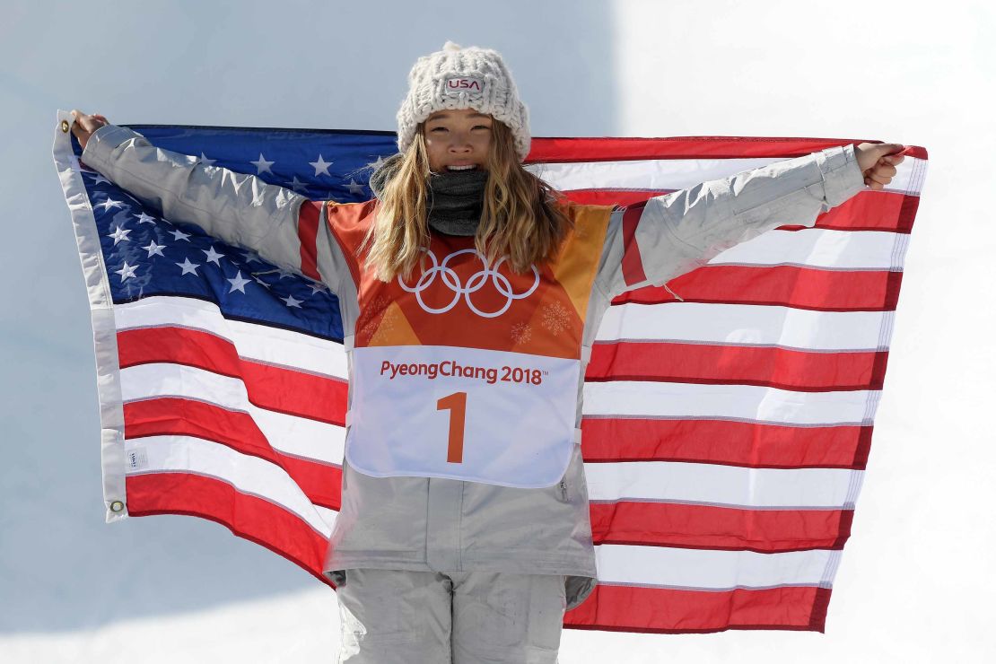 Chloe Kim of the United States celebrates during the victory ceremony after the halfpipe final.
