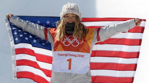 Chloe Kim of the United States celebrates during the victory ceremony after the halfpipe final.