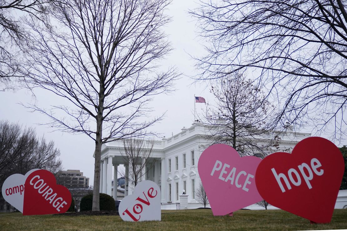 Valentine's Day messages decorate the North Lawn of the White House in Washington, DC on February 12, 2021.