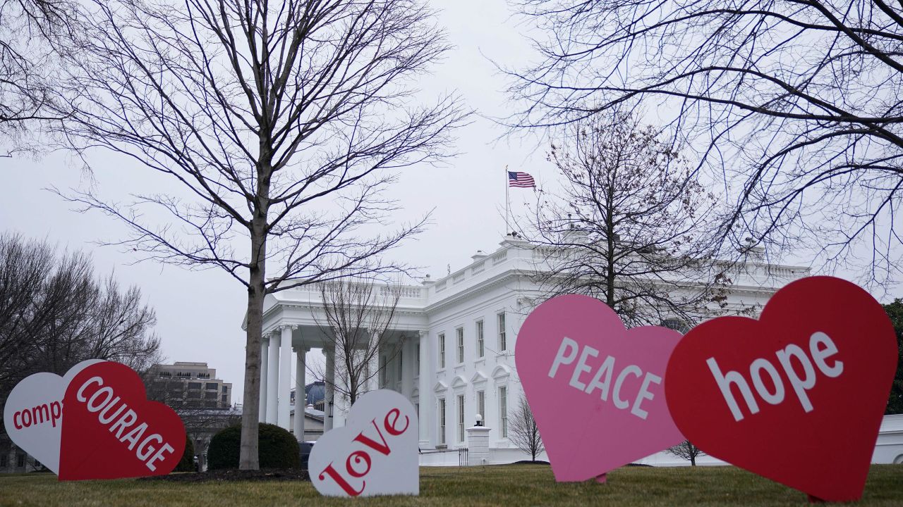 Valentine's Day messages decorate the North Lawn of the White House in Washington, DC on February 12, 2021.