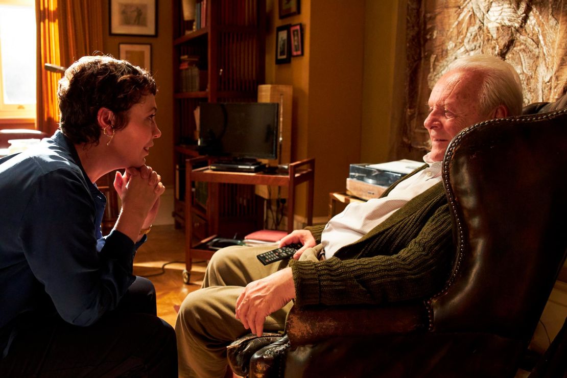Olivia Colman (left) and Anthony Hopkins (right) star in "The Father," which premieres February 26.