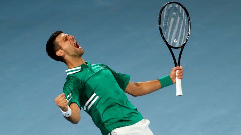 Djokovic lets out a celebratory roar as he defeats Fritz. 