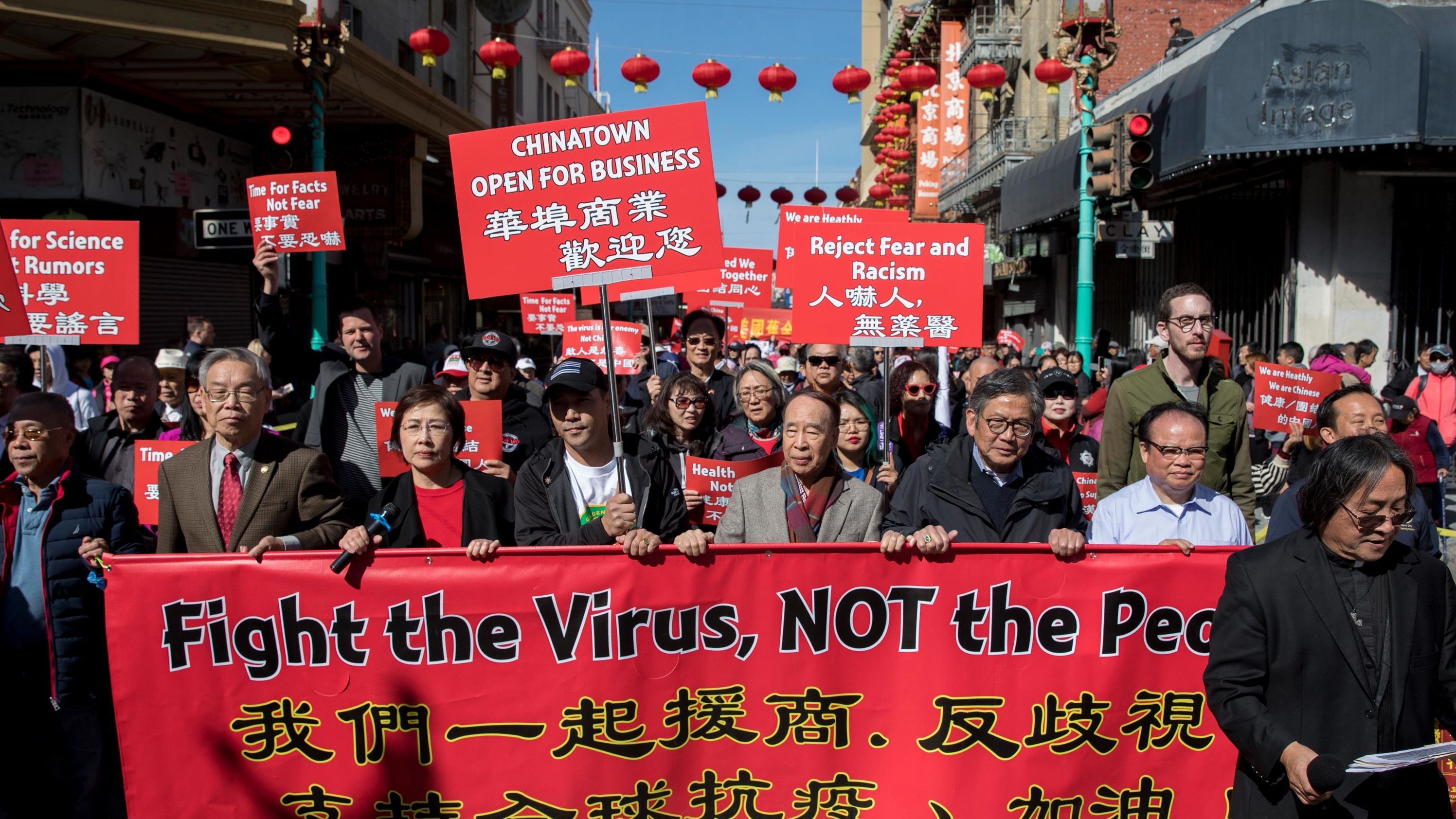 Hundreds of Chinatown residents in San Francisco take to the streets to protest against racism, on February 29, 2020.