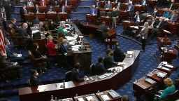 In this image from video, senators vote during the second impeachment trial of former President Donald Trump in the Senate at the U.S. Capitol in Washington, Saturday, Feb. 13, 2021. (Senate Television via AP)