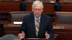 WASHINGTON, DC - FEBRUARY 13: In this screenshot taken from a congress.gov webcast, Minority leader Sen. Mitch McConnell (R-KY) responds after the Senate voted 57-43 to acquit on the fifth day of former President Donald Trump's second impeachment trial at the U.S. Capitol on February 13, 2021 in Washington, DC. House impeachment managers had argued that Trump was "singularly responsible" for the January 6th attack at the U.S. Capitol and he should be convicted and barred from ever holding public office again. (Photo by congress.gov via Getty Images)