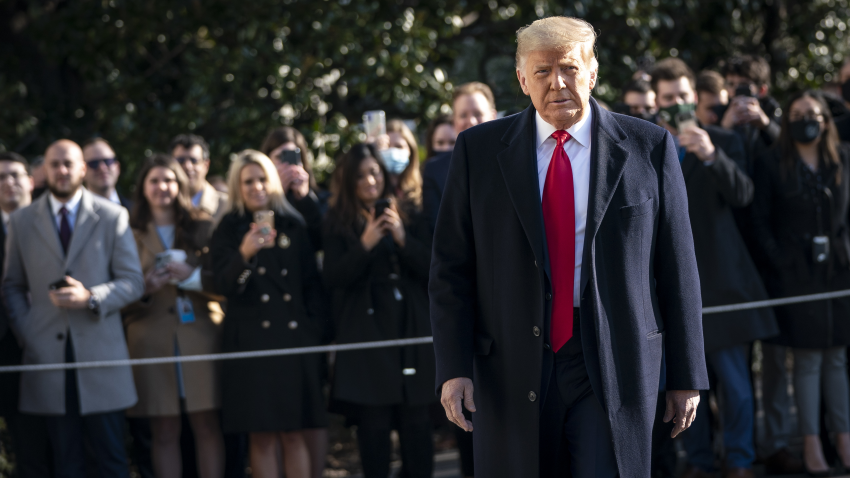 WASHINGTON, DC - JANUARY 12: U.S. President Donald Trump turns to reporters as he exits the White House to walk toward Marine One on the South Lawn on January 12, 2021 in Washington, DC. Following last week's deadly pro-Trump riot on Capitol Hill, President Trump is making his first public appearance with a trip to the border town of Alamo, Texas to view the partial construction of the wall along the U.S.-Mexico border. (Photo by Drew Angerer/Getty Images)