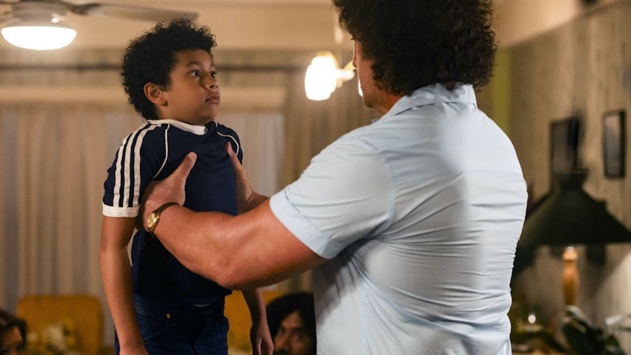 Adrian Groulx (left) as the 10-year-old Dwayne Johnson and Matthew Willig (right) as Andre the Giant star in "Young Rock."