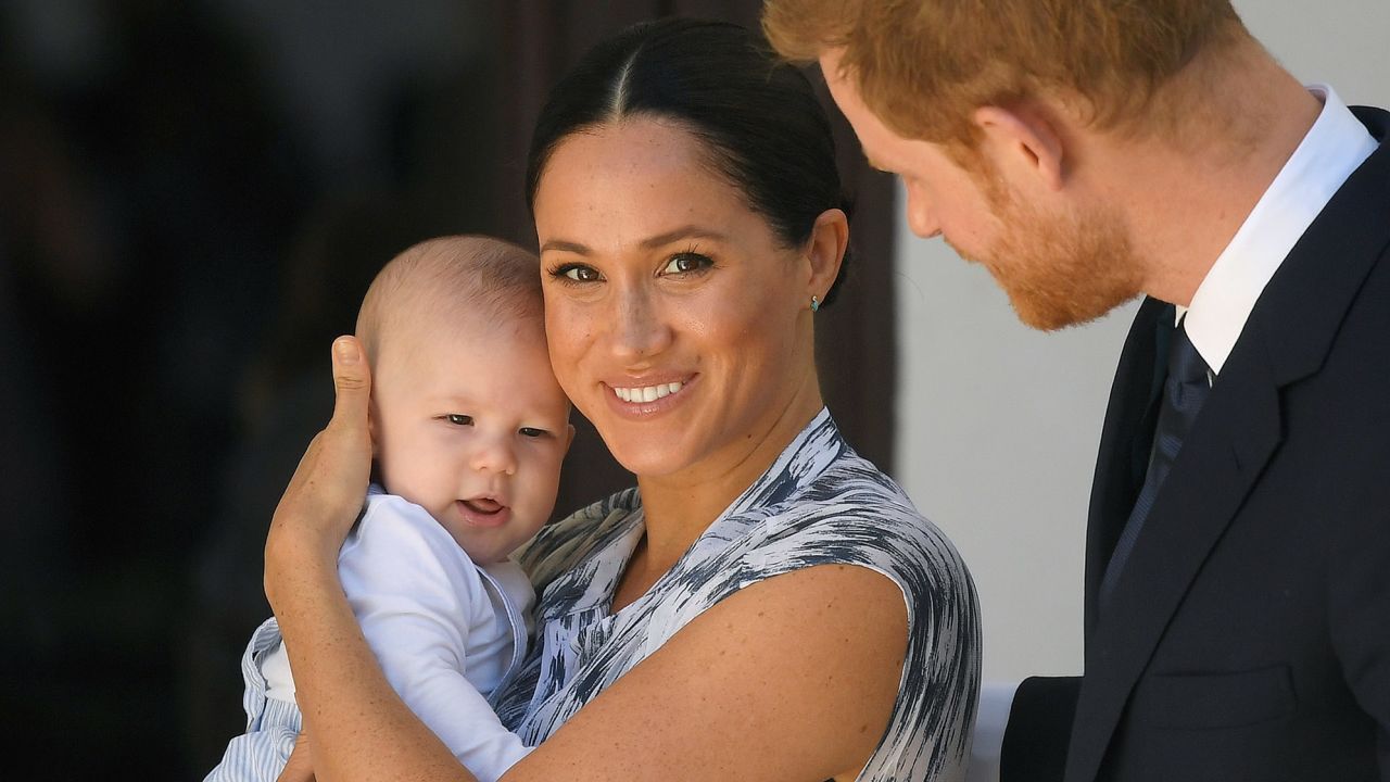 Prince Harry, Duke of Sussex, Meghan, Duchess of Sussex and their baby son Archie Mountbatten-Windsor at a meeting with Archbishop Desmond Tutu in 2019.