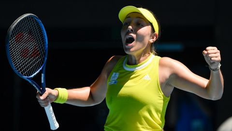 Pegula celebrates after defeating Svitolina.