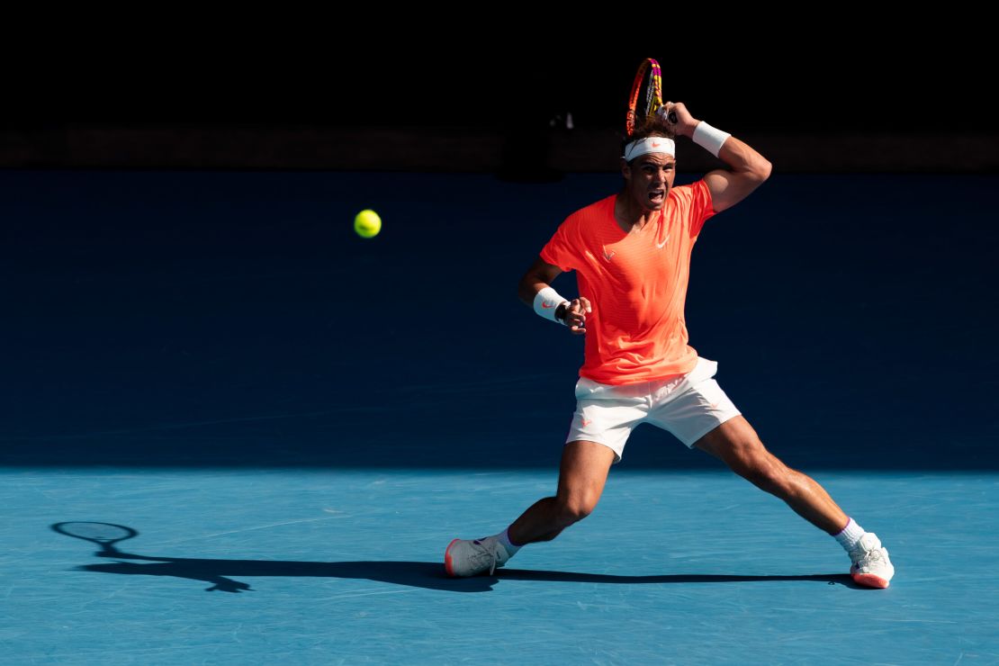Nadal plays a forehand in his match against Fognini.