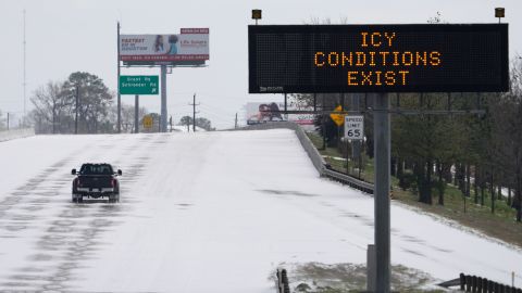 A truck braves the frozen roads in Houston on Monday, February 15.