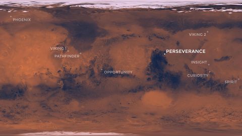 ​This map of Mars shows Jezero Crater, where the Perseverance rover is scheduled to land, as well as the locations where all of NASA's other successful Mars missions touched down.
