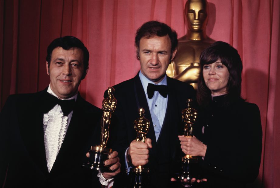 In 1972, Fonda won the Academy Award for best actress. She won for her role in the movie "Klute." Here, she holds her Oscar with fellow winners Philip D' Antoni, left, and Gene Hackman.