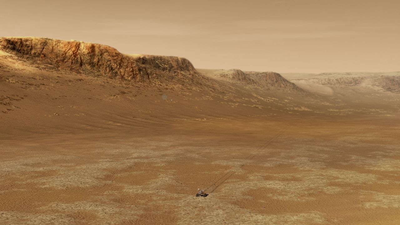 This is an illustration of the Perseverance rover exploring inside Jezero Crater.
