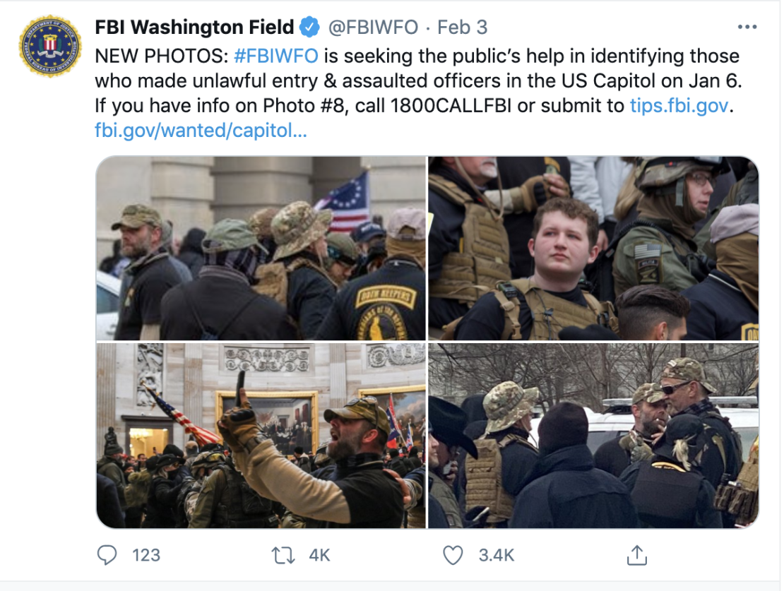 The FBI has posted several photos of men in Oath Keepers garb and asked for more information as they investigate the Capitol attack. 