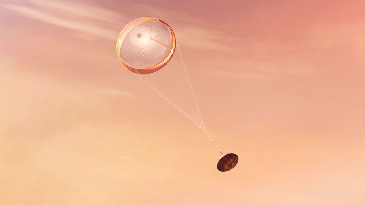 NASA's Perseverance rover deploys a supersonic parachute before landing, in this artist's illustration.
