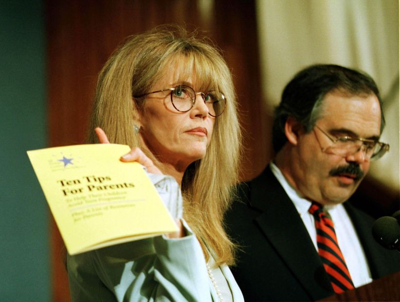 Fonda addresses a National Press Club luncheon in 1998, talking about teen pregnancy and offering tips to parents.