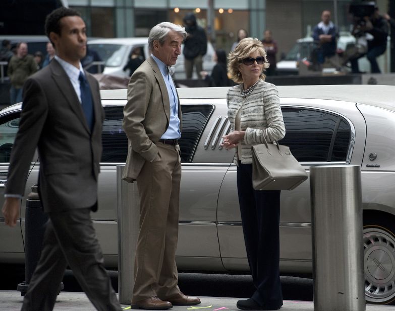 Fonda and Sam Waterston film a scene for the TV show "The Newsroom" in 2012.