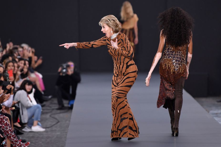 Fonda takes part in a L'Oreal fashion show in Paris in 2017.