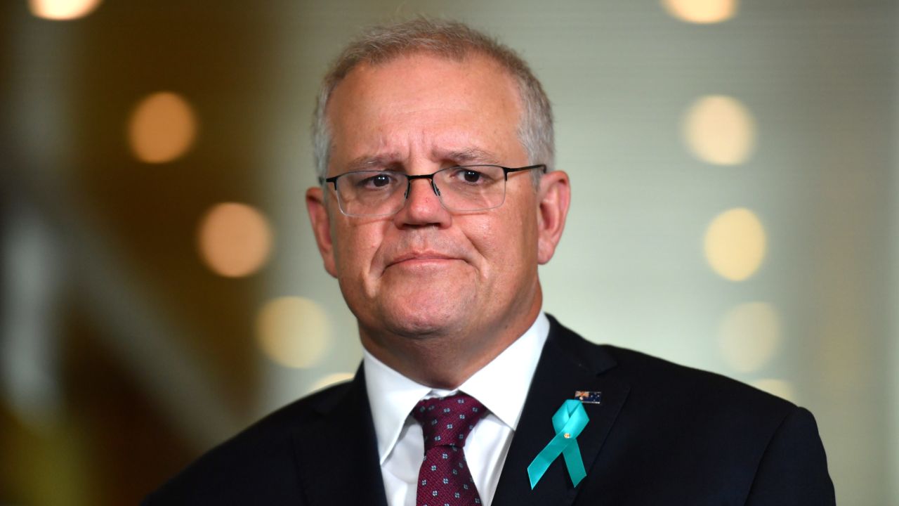 Australian Prime Minister Scott Morrison attends a news conference to answer sexual assault allegations made by staffer Brittany Higgins against a male staffer at Parliament House in Canberra on February 16.
