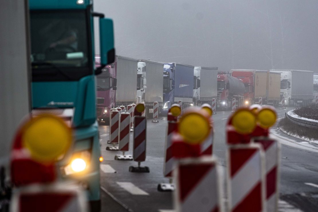 Trucks are stuck in a traffic jam near the German-Czech border. 