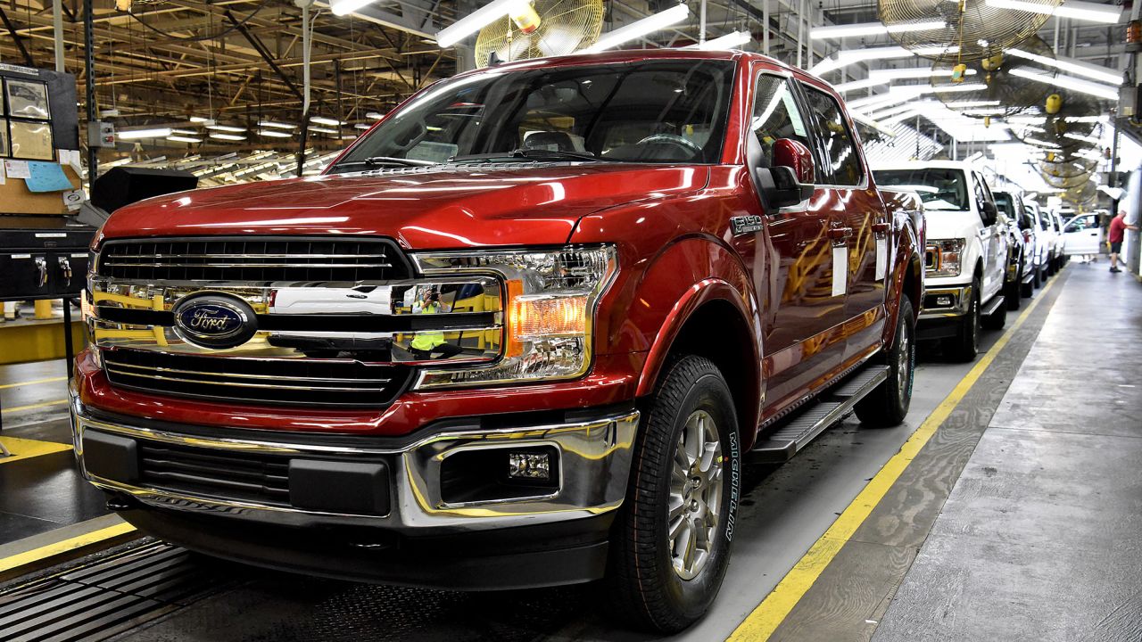 Ford F-150s roll down the line at Ford's Kansas City Assembly Plant.