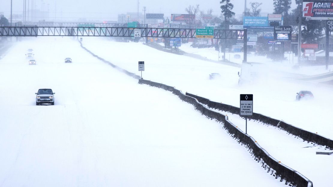 Snow covered Interstate 45 Monday in The Woodlands, Texas.