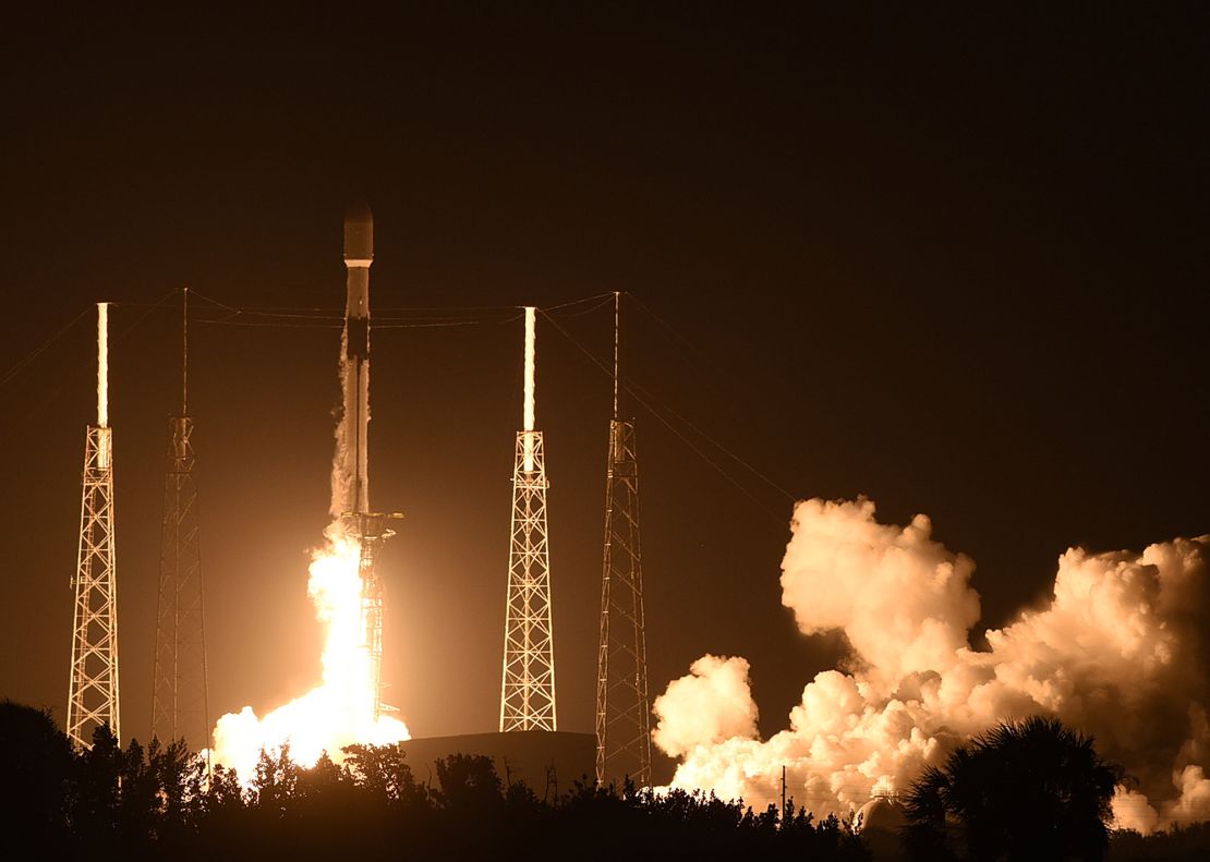 A SpaceX Falcon 9 rocket carrying the 19th batch of approximately 60 Starlink satellites launches from pad 40 at Cape Canaveral Space Force Station in Cape Canaveral, FL, on February 15, 2021. The satellites are part of a constellation designed to provide broadband internet service around the globe.