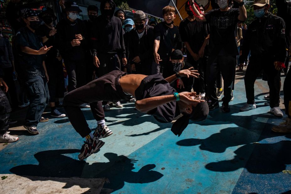 Young people in Yangon take part in an anti-coup hip-hop performance on February 14.