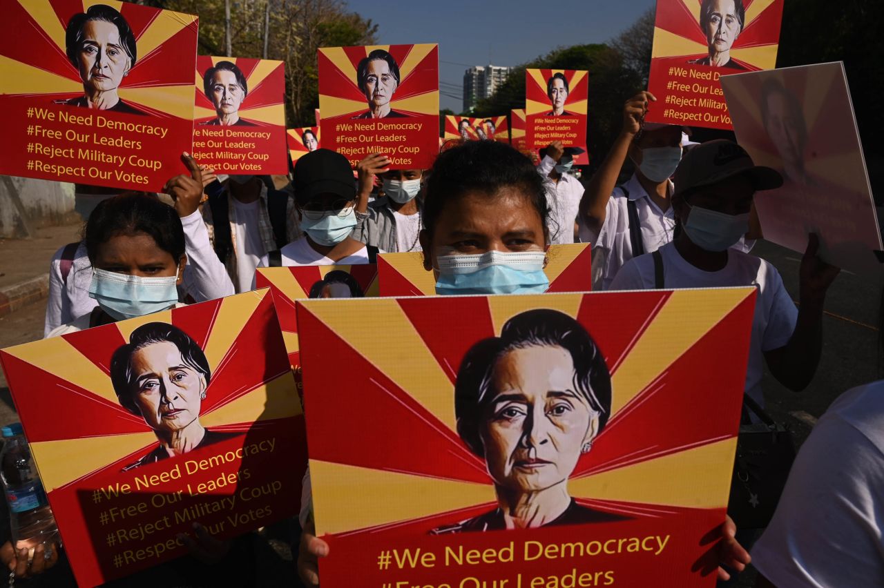 Protesters demonstrate in Yangon on February 14.