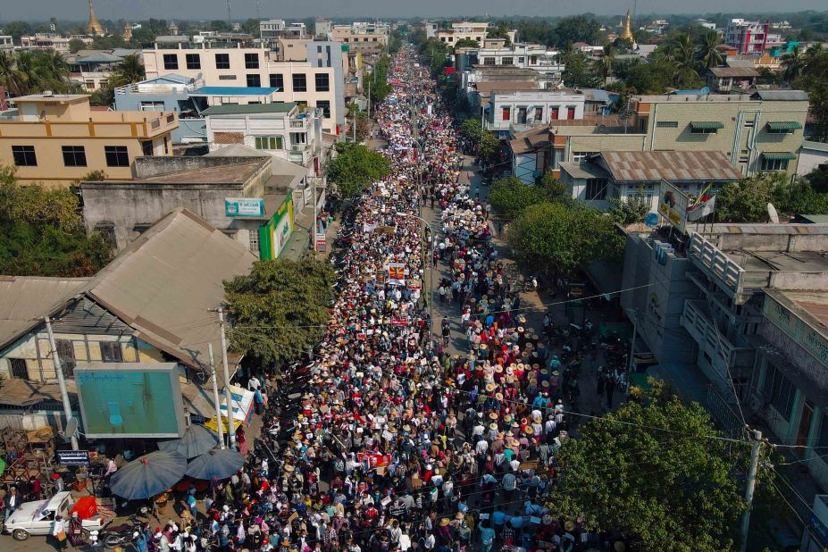 Protesters march through the city of Shwebo on February 13.