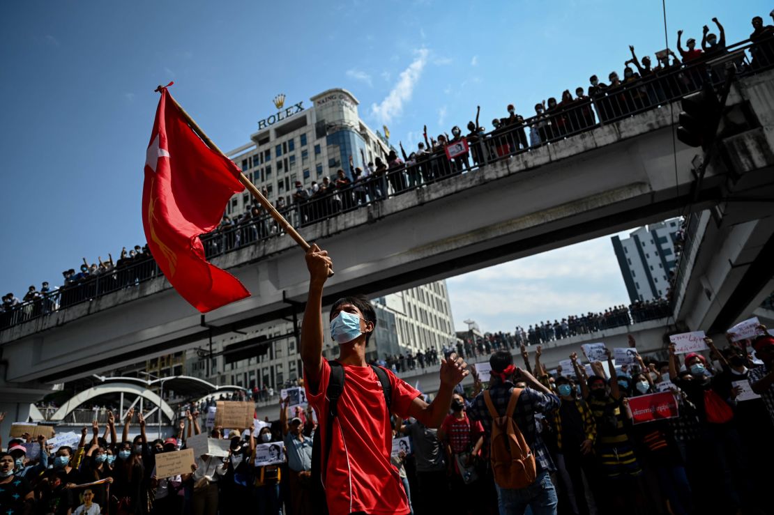 Protesters gather to demonstrate against the February 1 military coup, in downtown in Yangon on February 8.